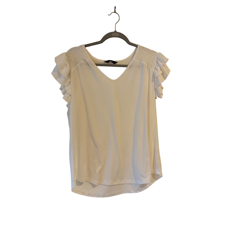 Dokotoo Womens White V Neck Ruffle Cap Sleeve Smocked Shoulder Blouse L XL